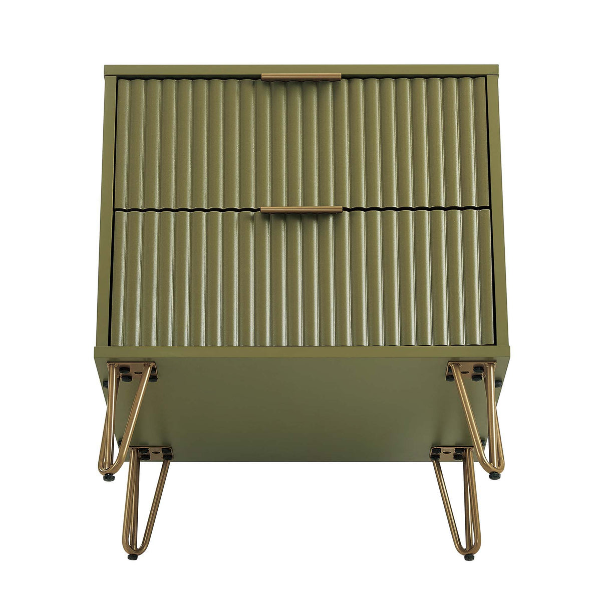 Dumbo Nightstand by HouseOfZazla, olive green 2-drawer with fluted fronts and copper hardware on Tampa Home & Garden Store