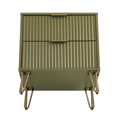 Dumbo Nightstand by HouseOfZazla, olive green 2-drawer with fluted fronts and copper hardware on Tampa Home & Garden Store