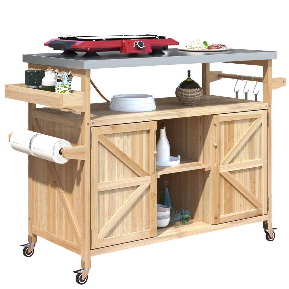 K&K Outdoor Kitchen Island rolling bar cart & storage with gray countertop, red grill on casters on Tampa Home & Garden Store