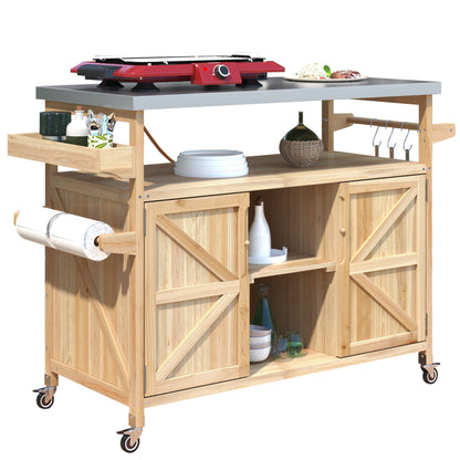 K&K Outdoor Kitchen Island rolling bar cart & storage with gray countertop, red grill on casters on Tampa Home & Garden Store