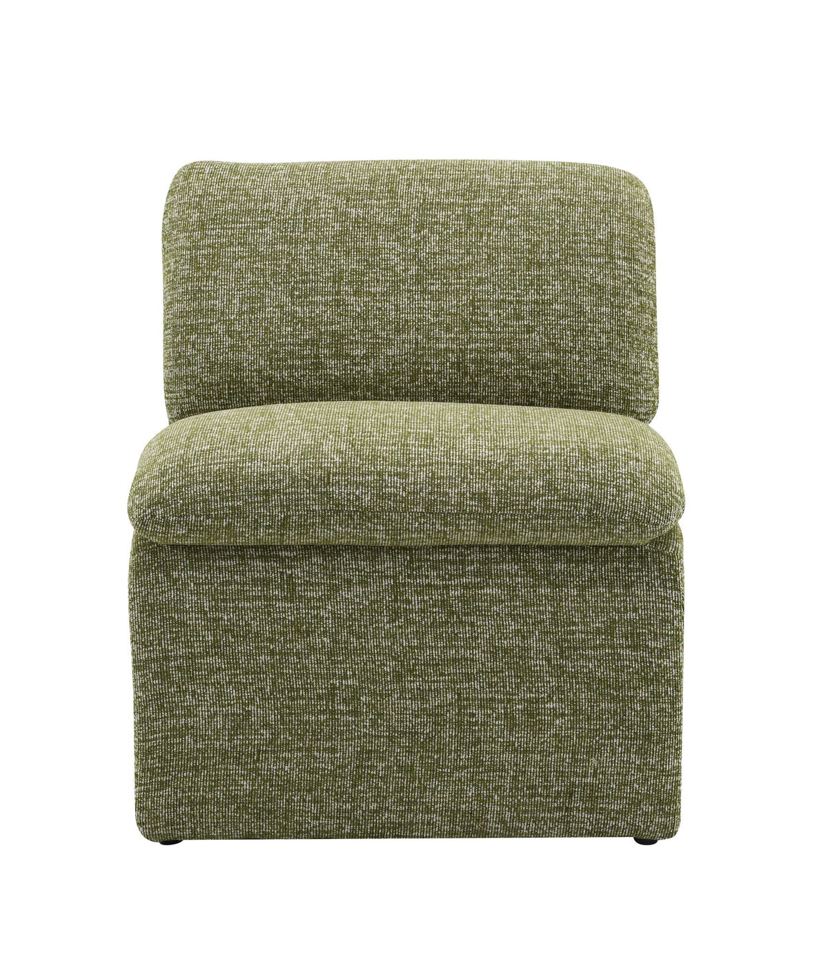 Curved shape accent chair in olive green textured fabric upholstery on Tampa Home & Garden Store