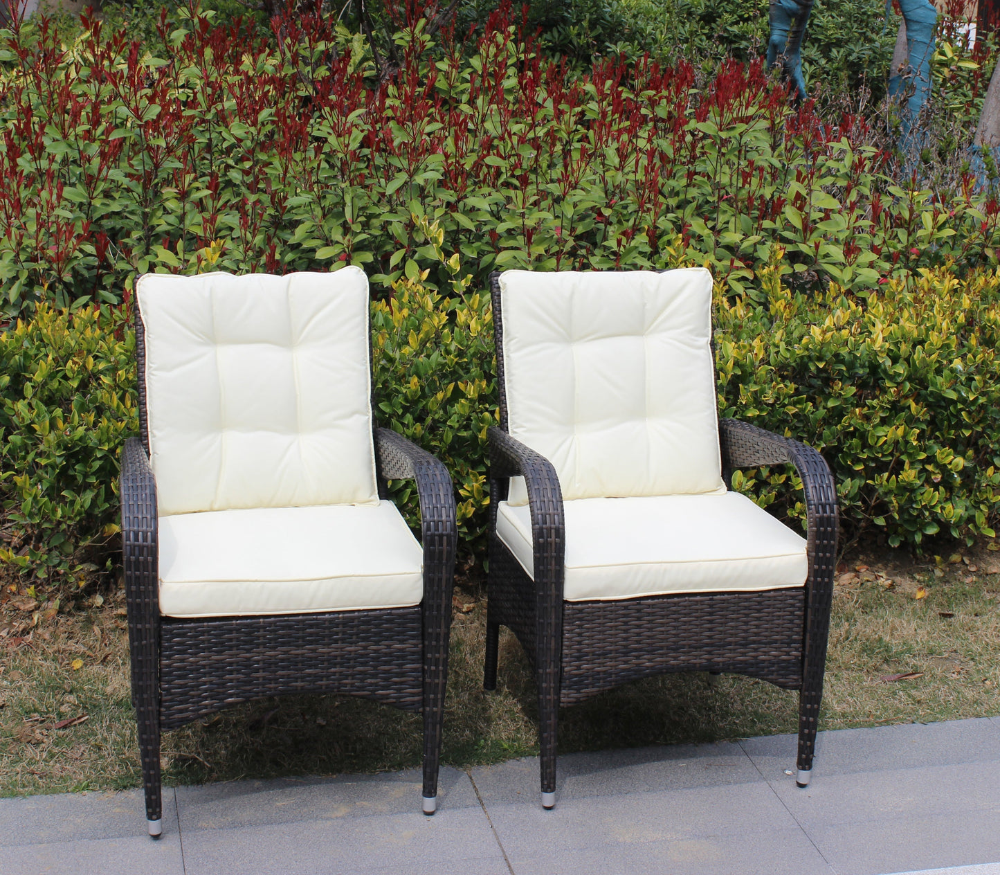 Three Liberatore outdoor dining chairs with beige cushions and dark wicker frames on Tampa Home & Garden Store