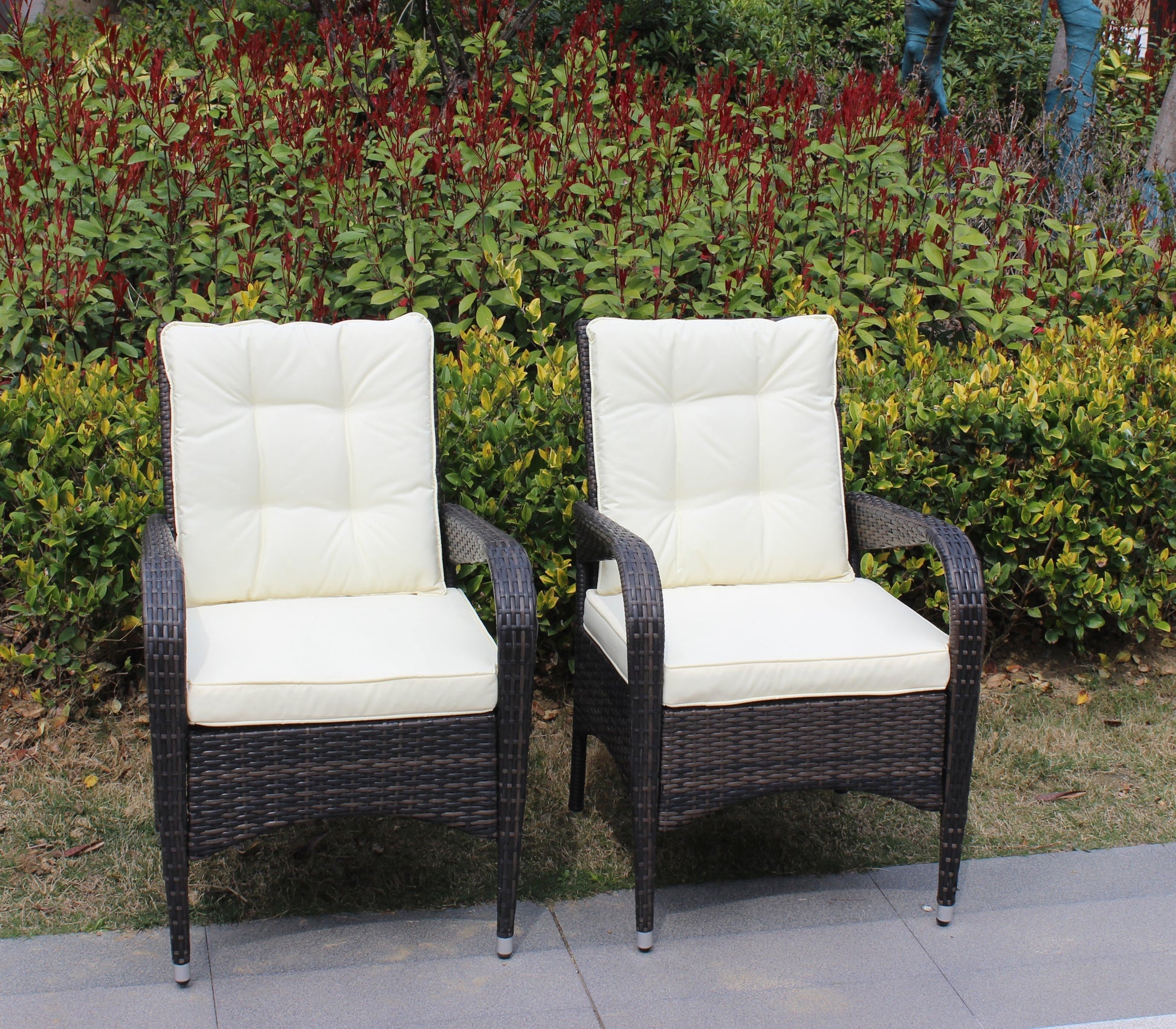 Three Liberatore outdoor dining chairs with beige cushions and dark wicker frames on Tampa Home & Garden Store