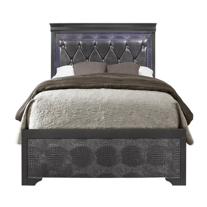 Shaker bed with LED lighting and crystal tufted headboard, black crocodile-textured frame on Tampa Home & Garden Store
