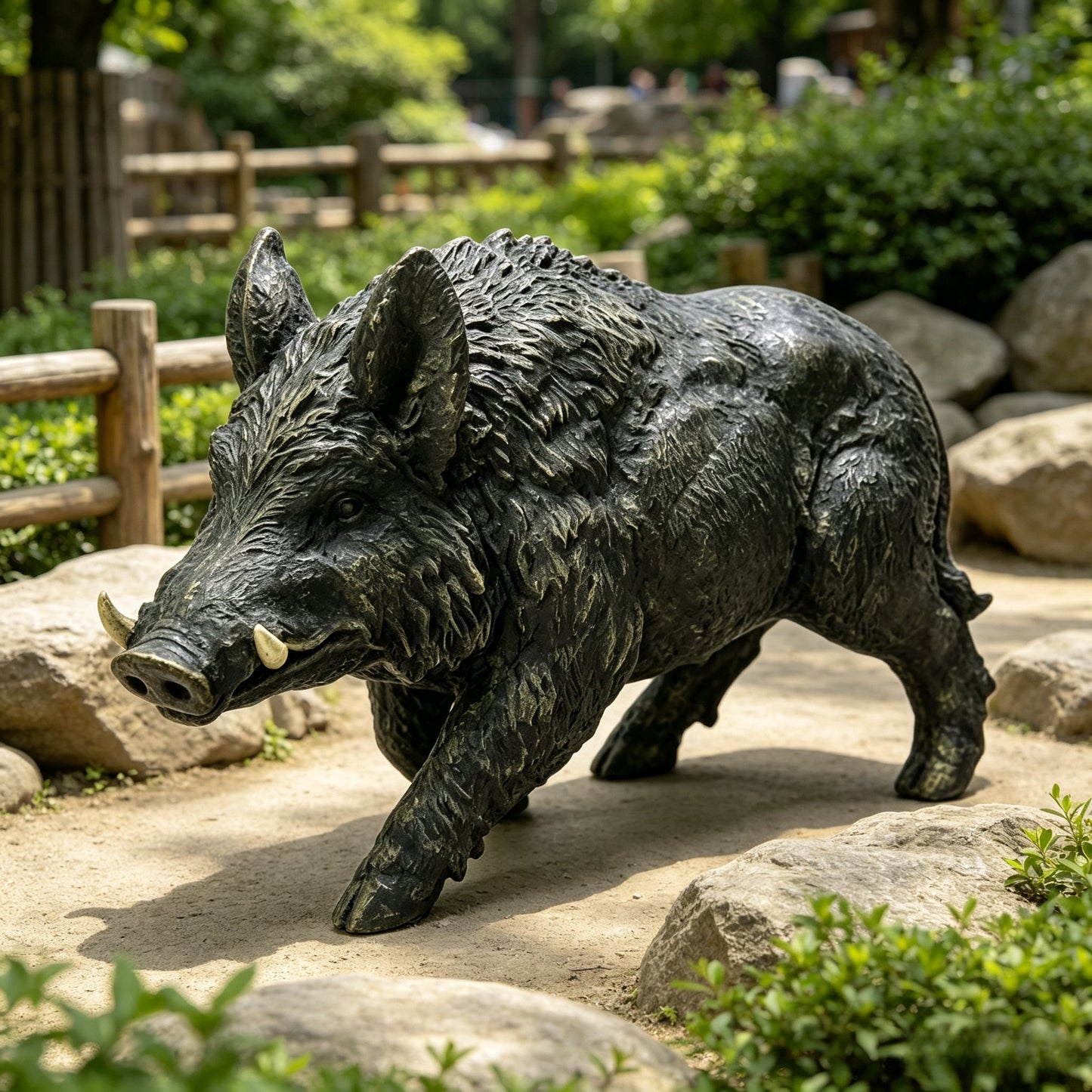 Simulated Wild Boar Resin Garden Statue HouseOfZazla black textured boar in garden setting on Tampa Home & Garden Store