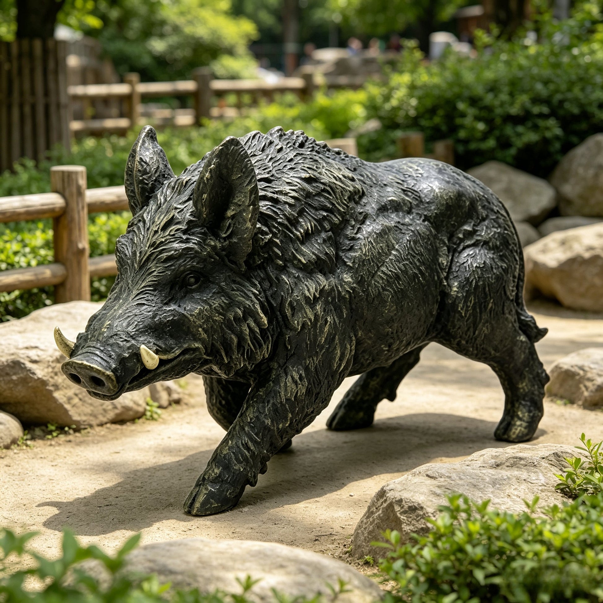 Simulated Wild Boar Resin Garden Statue HouseOfZazla black textured boar in garden setting on Tampa Home & Garden Store