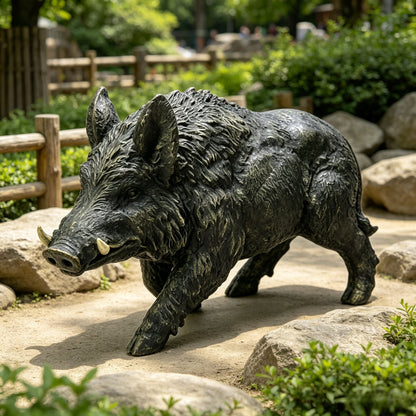 Simulated Wild Boar Resin Garden Statue HouseOfZazla black textured boar in garden setting on Tampa Home & Garden Store