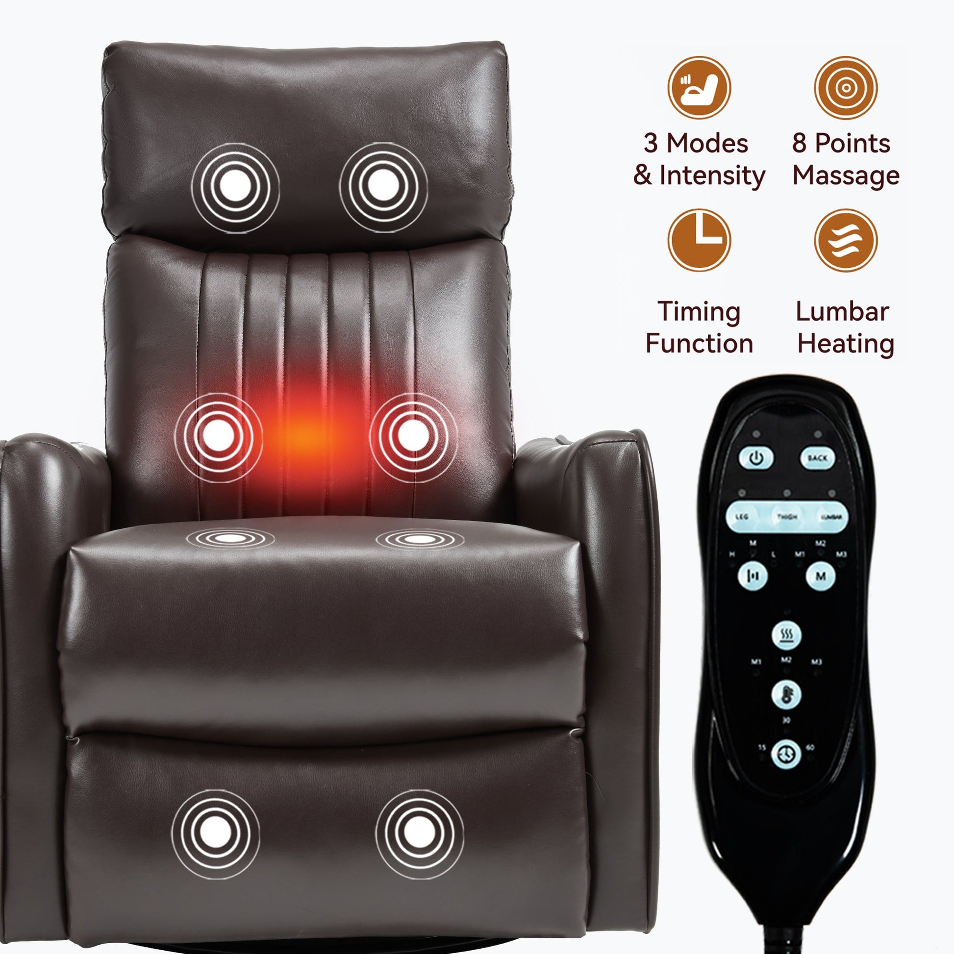 Brown faux leather heat massage manual recliner chair by HouseOfZazla with remote control on Tampa Home & Garden Store