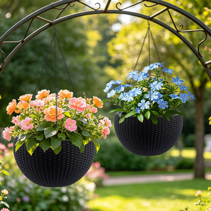 Self Watering Hanging Planter set of 3 in black woven baskets with blue and pink flowers on Tampa Home & Garden Store