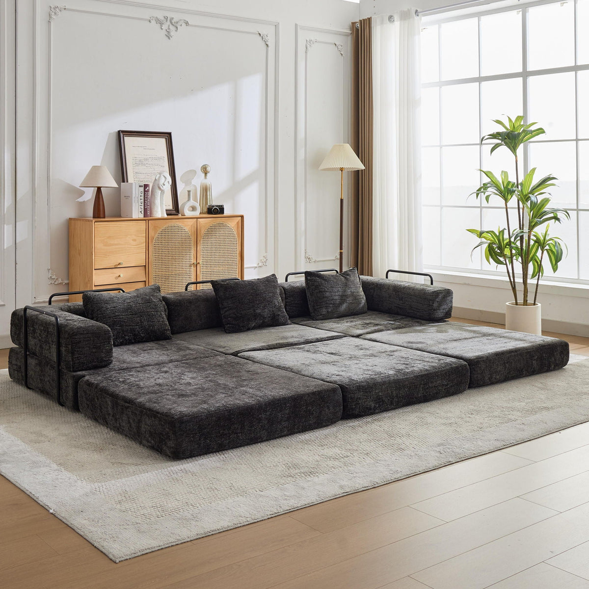 Convertible floor sofa bed boneless modular sectional in dark gray fabric with metal frame on Tampa Home & Garden Store