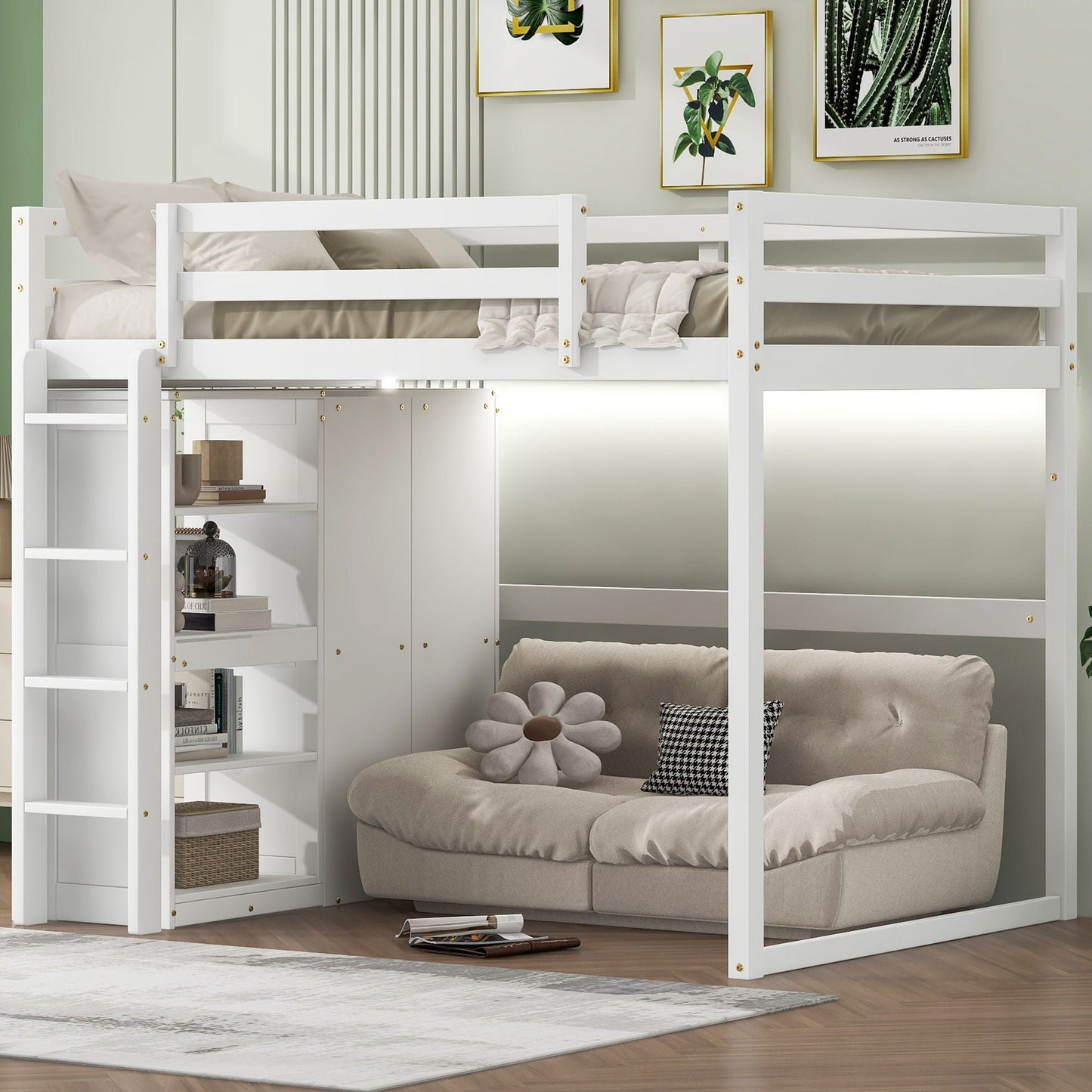 Loft bed with built-in wardrobe, storage shelves, and LED light in white by HouseOfZazla on Tampa Home & Garden Store