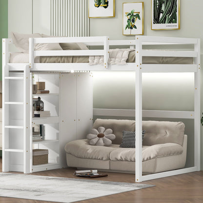Loft bed with built-in wardrobe, storage shelves, and LED light in white by HouseOfZazla on Tampa Home & Garden Store