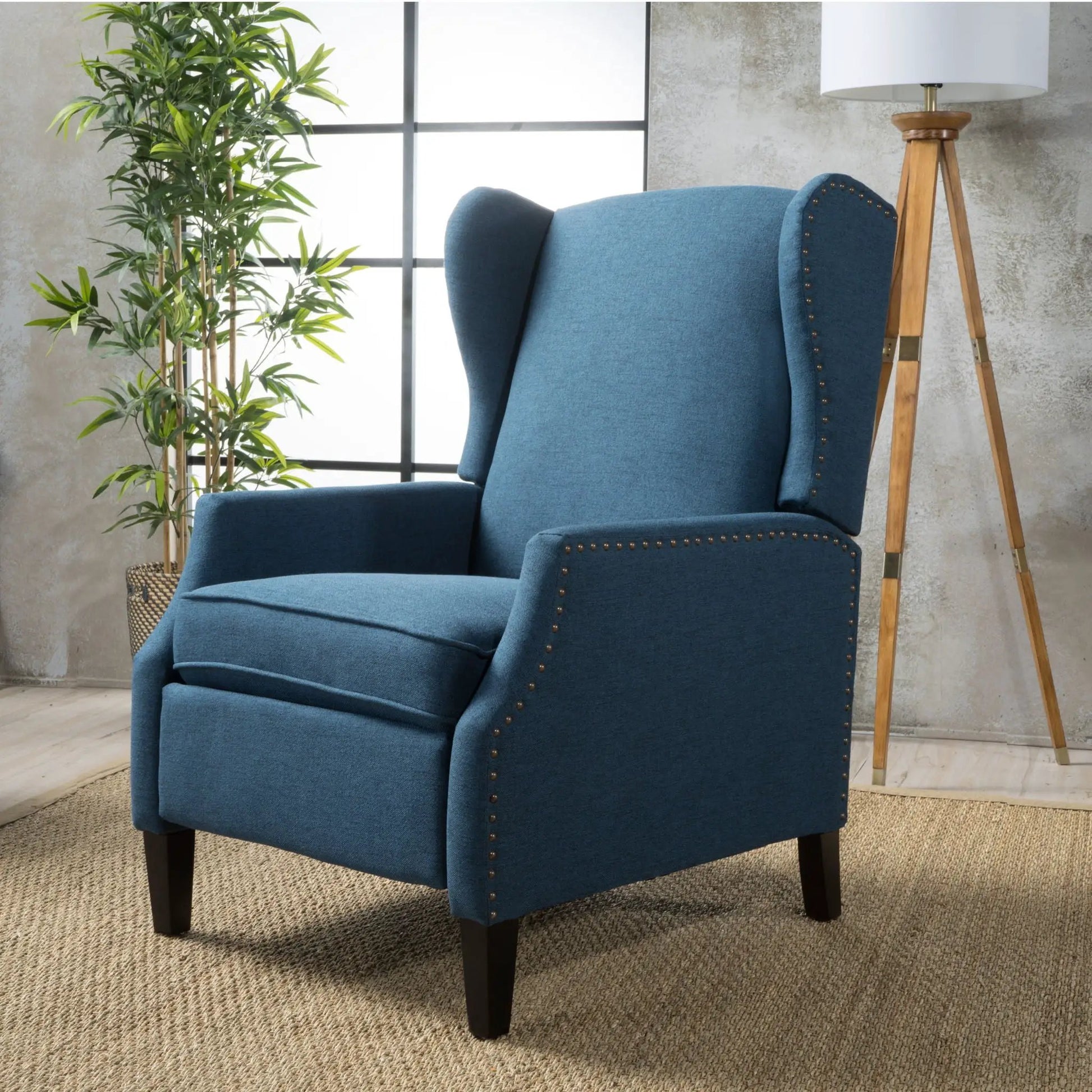 Westeros Wing Back Recliner blue fabric with nailhead trim by Unique Piece Furniture on Tampa Home & Garden Store