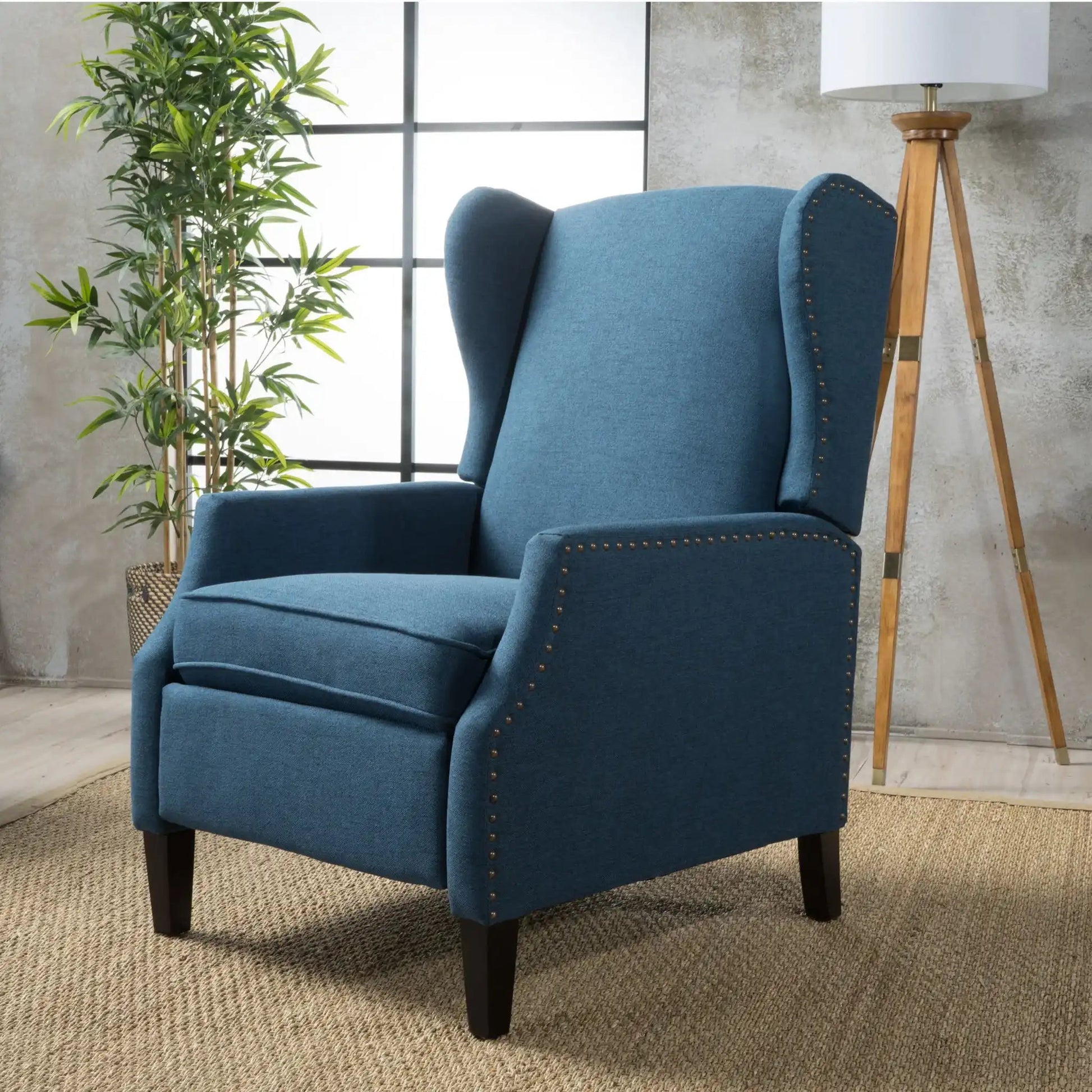 Westeros Wing Back Fabric Upholstered Recliner blue fabric with nailhead trim and wood legs on Tampa Home & Garden Store