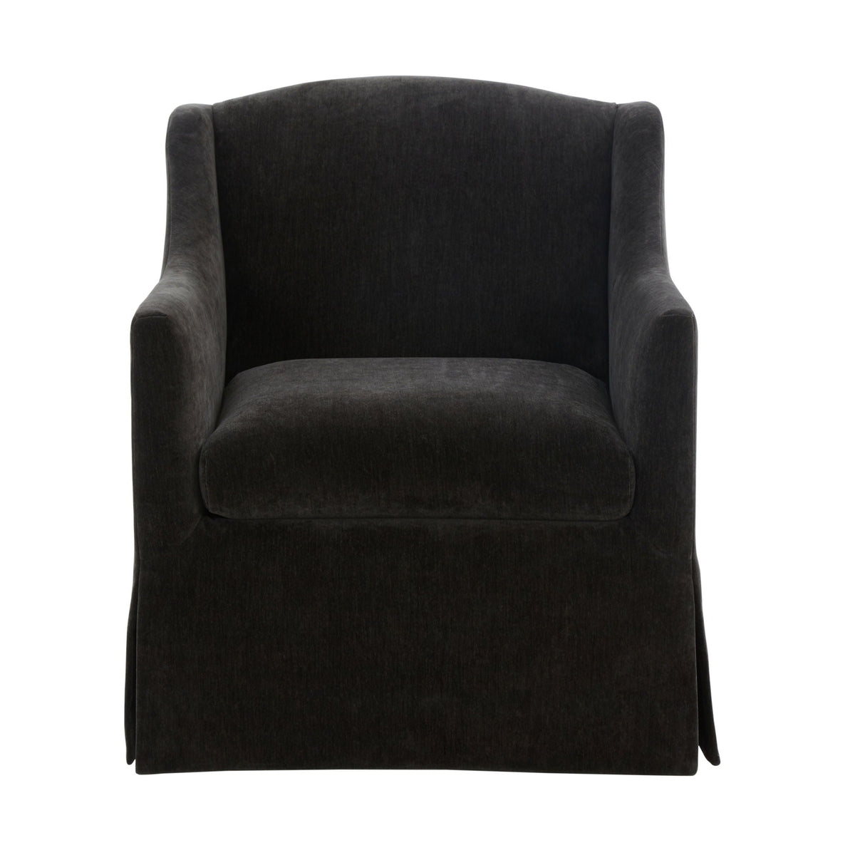 Skirted swivel accent chair dark charcoal fabric with curved arms on Tampa Home & Garden Store