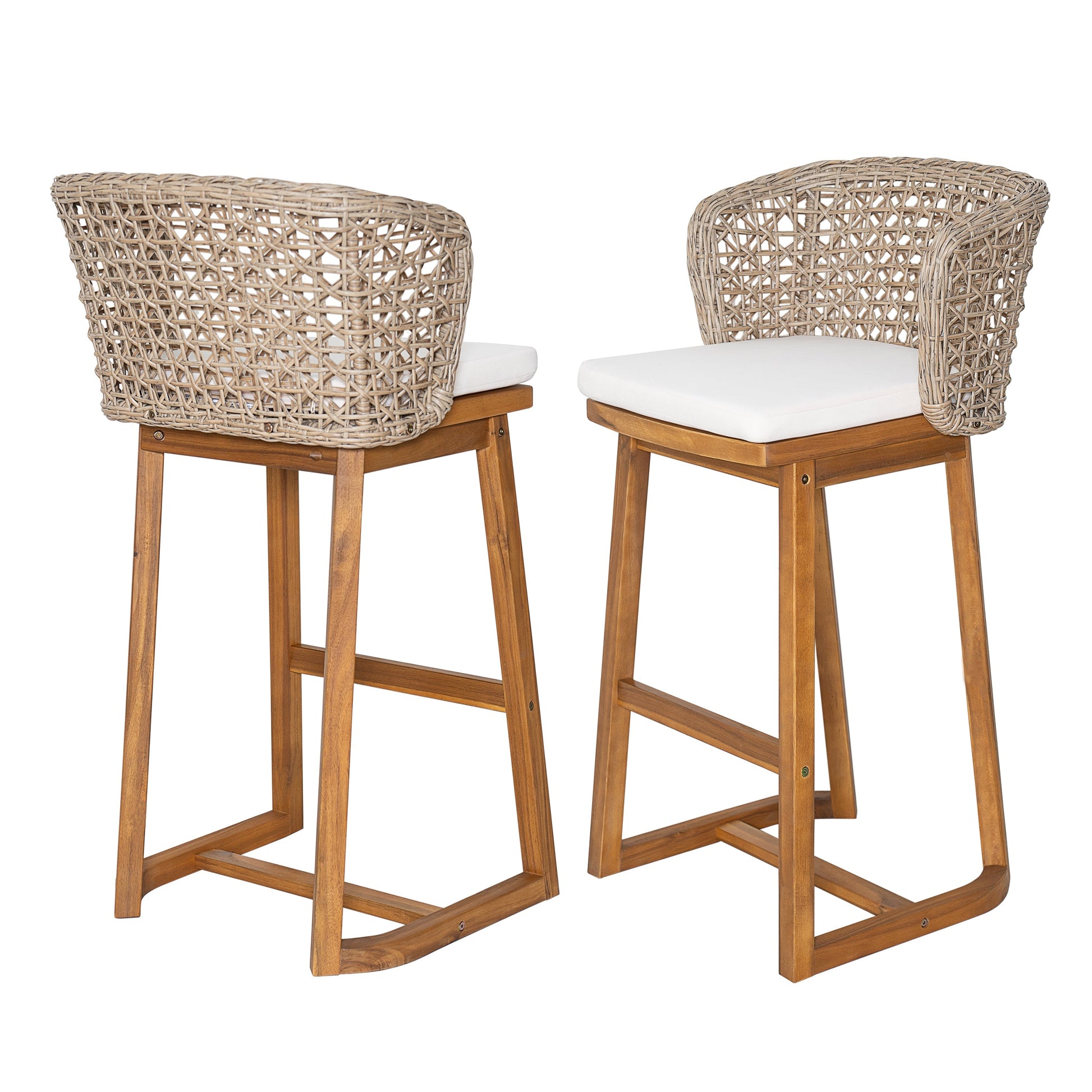 Outdoor Acacia Wood Bar Stools 2 with woven wicker back and white cushions HouseOfZazla on Tampa Home & Garden Store