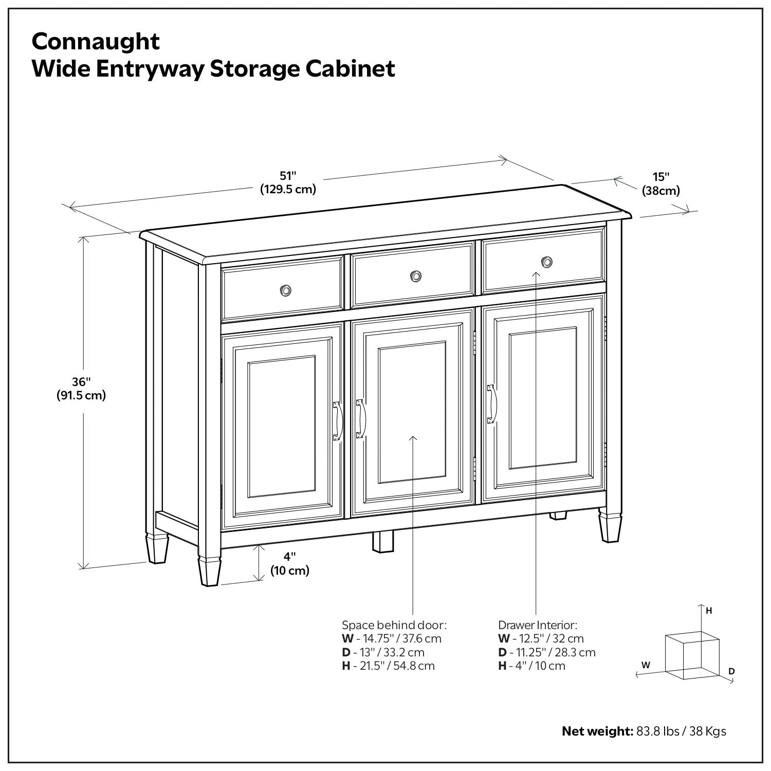 Connaught Wide Entryway Storage Cabinet, accent cabinet with 3 top drawers and 4 cabinet doors on Tampa Home & Garden Store