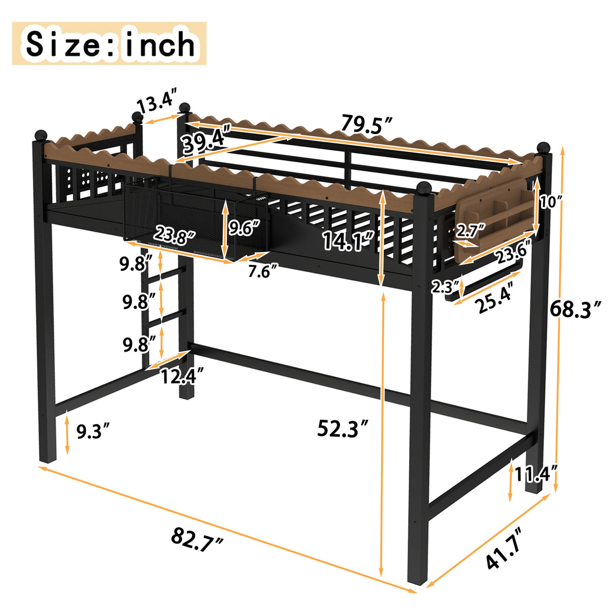Twin XL Loft Bed with Ladders and Storage Shelves; black frame, brown wood accents, HouseOfZazla on Tampa Home & Garden Store