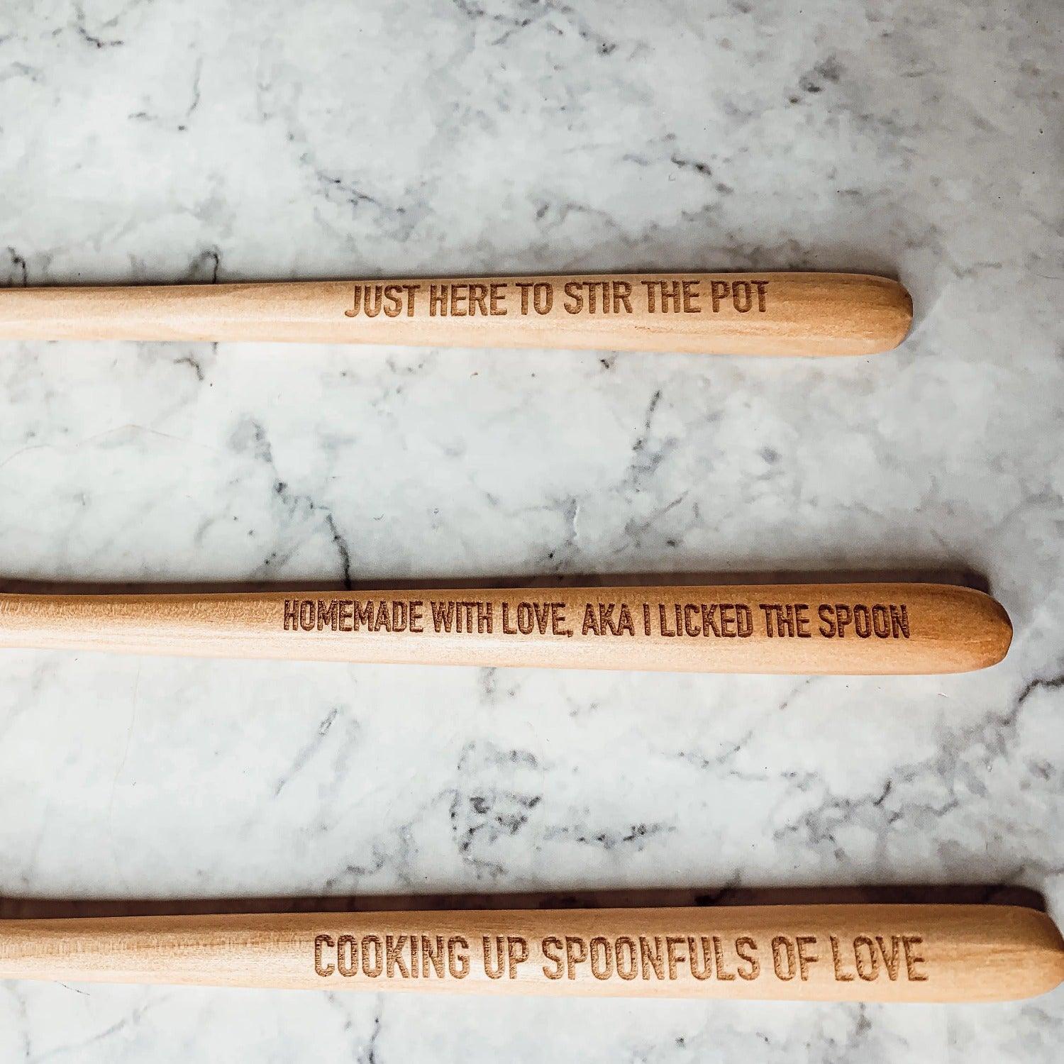Gia Roma spoon rest set of three in wood with engraved sayings Just Here to Stir the Pot on Tampa Home & Garden Store