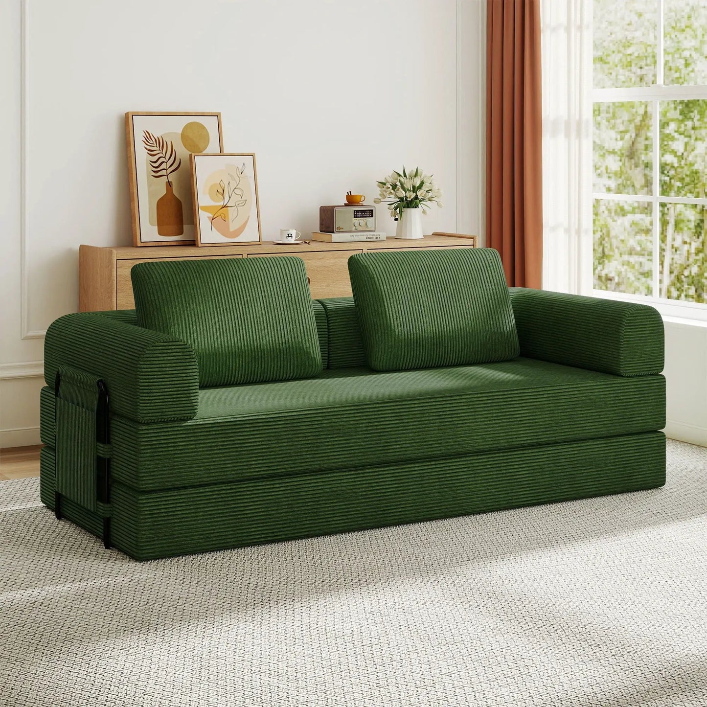 Convertible sleeper futon sofa in green corduroy fixed-frame by Unique Piece Furniture on Tampa Home & Garden Store