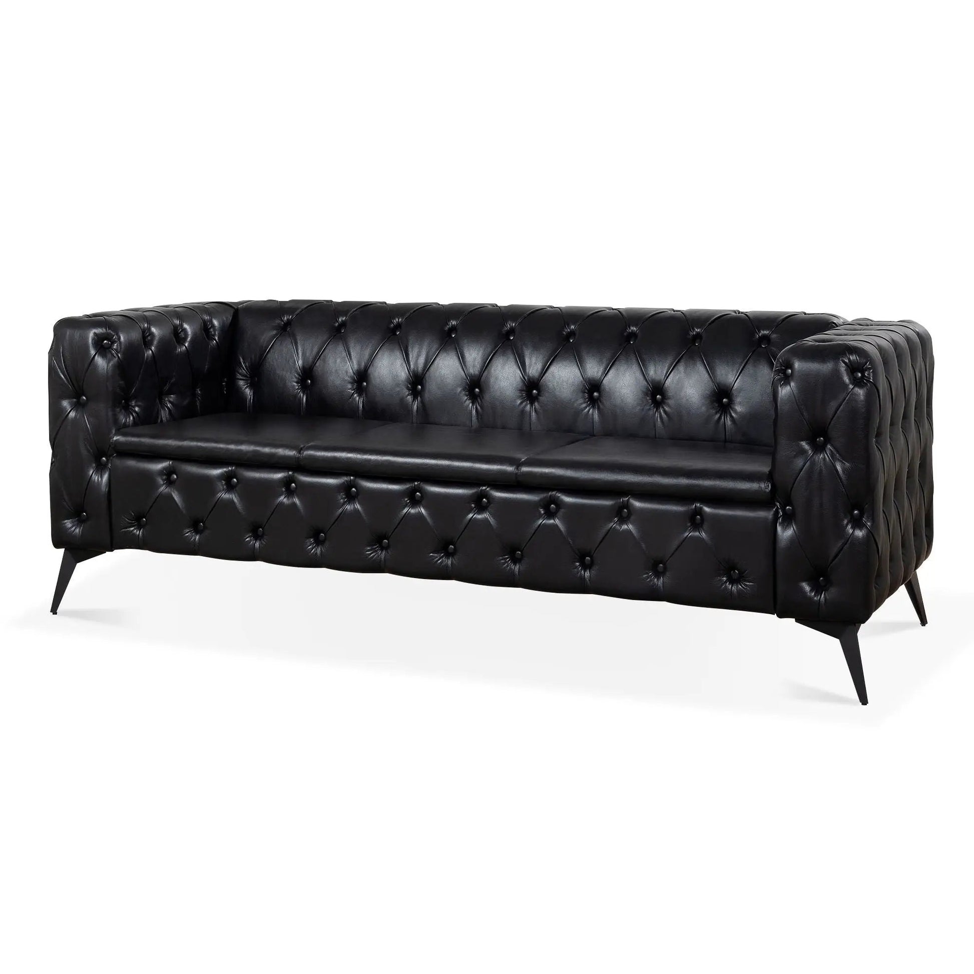 Square Arm Removable Cushion 3 Seater Sofa black leather, tufted, mid-century legs on Tampa Home & Garden Store