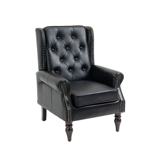 Modern Accent Armchair black leather with tufted back, nailhead trim, wood legs on Tampa Home & Garden Store