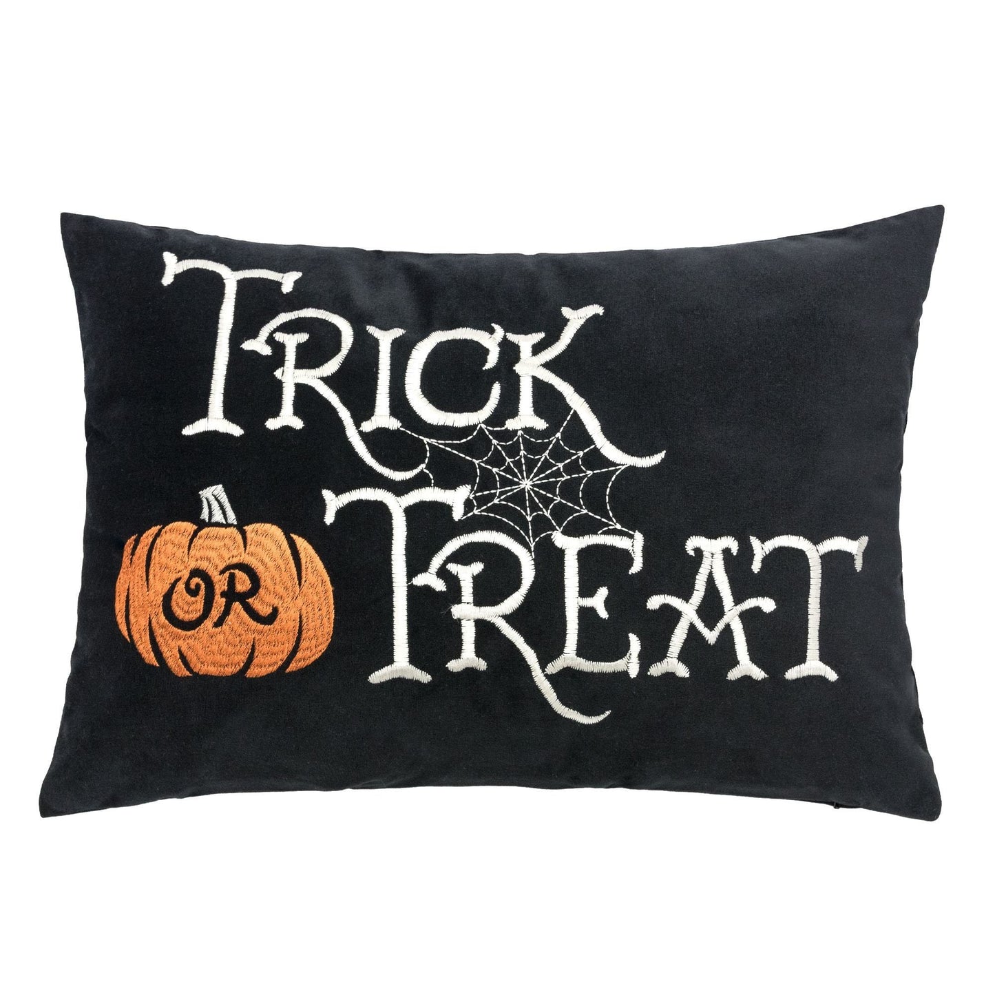 Halloween lumbar pillow black with white Trick or Treat embroidery and orange pumpkin on Tampa Home & Garden Store