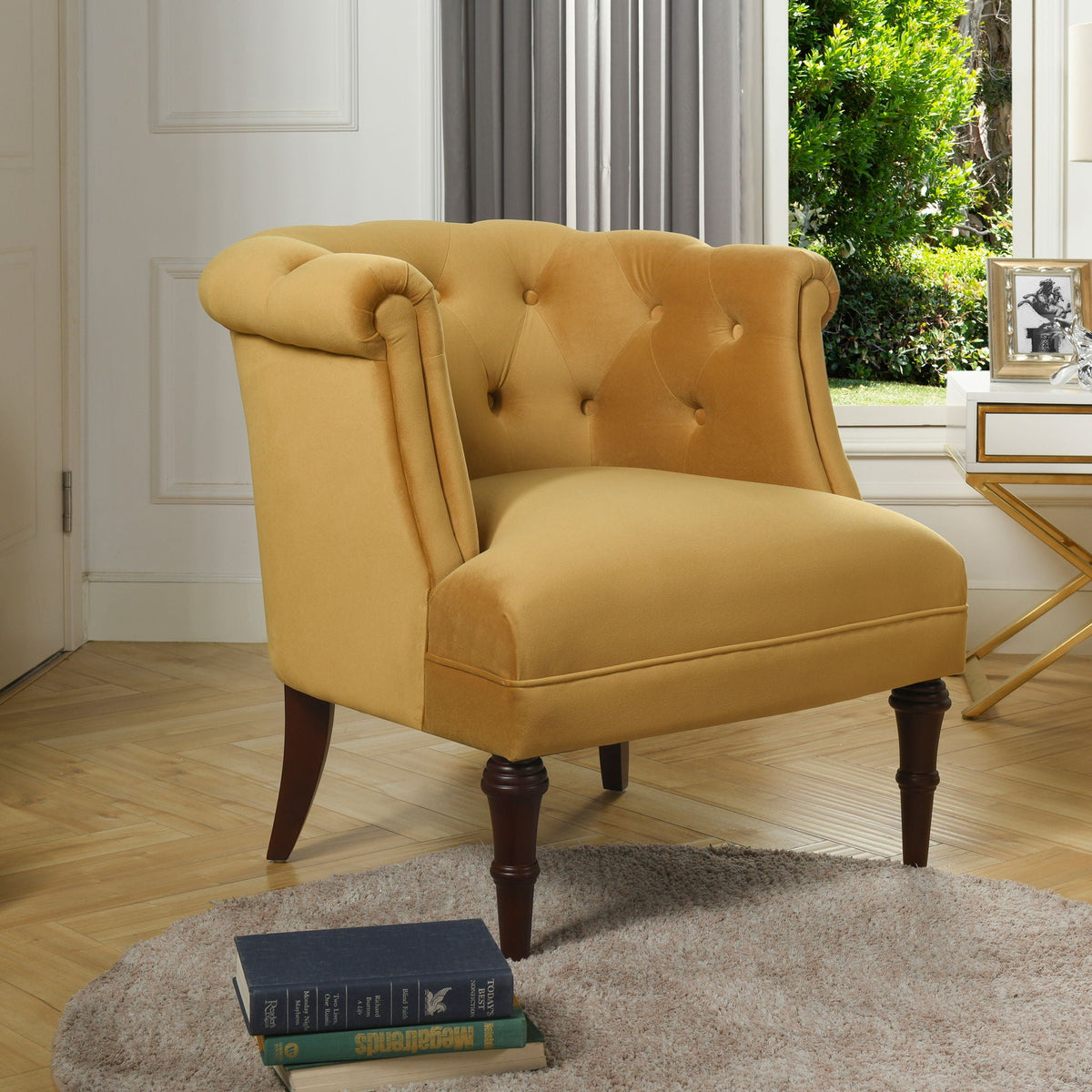 Tufted Accent Chair with Barrel Back Yellow velvet upholstery dark wood legs HouseOfZazla on Tampa Home & Garden Store