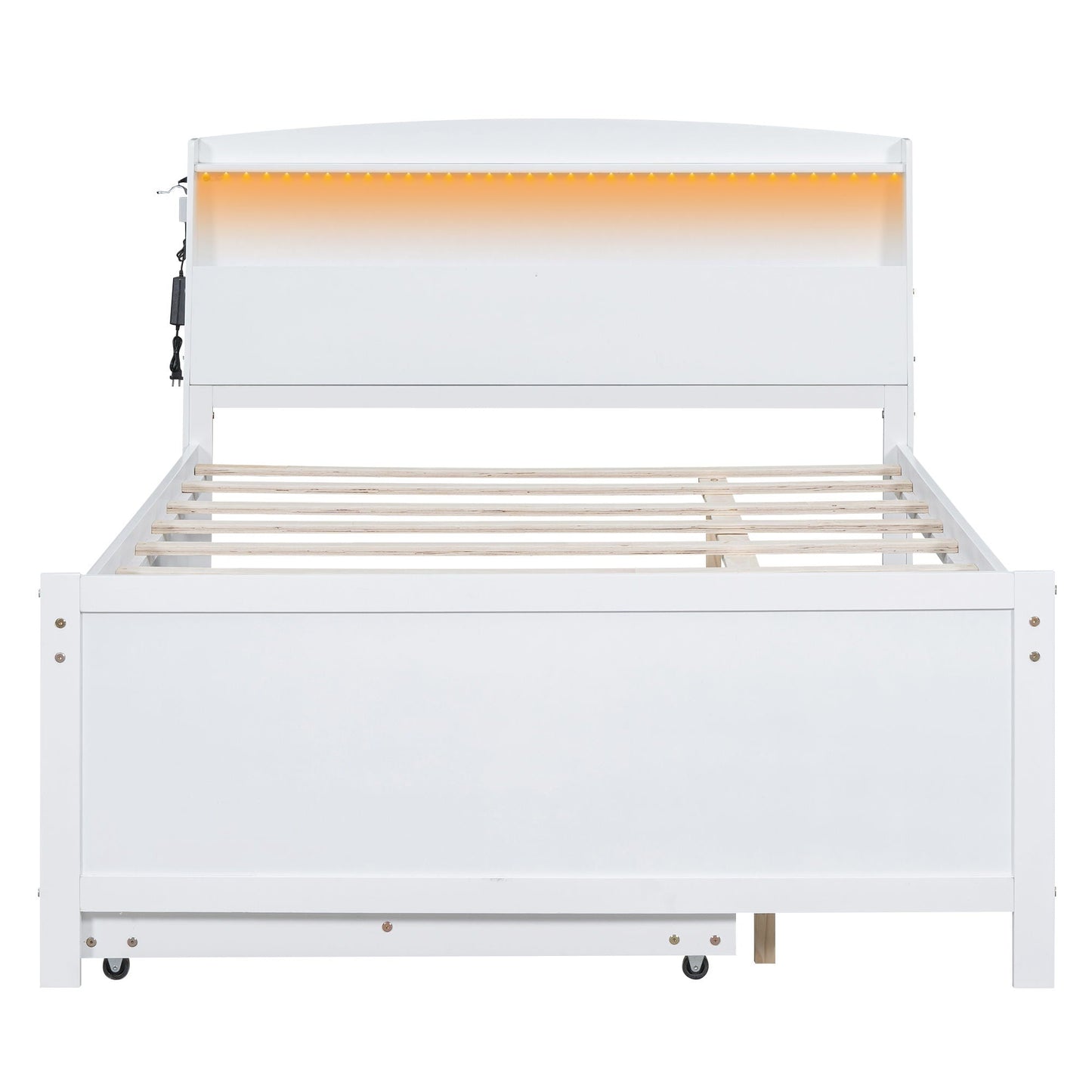 Full size platform bed with storage LED headboard in white, slatted bed base on Tampa Home & Garden Store