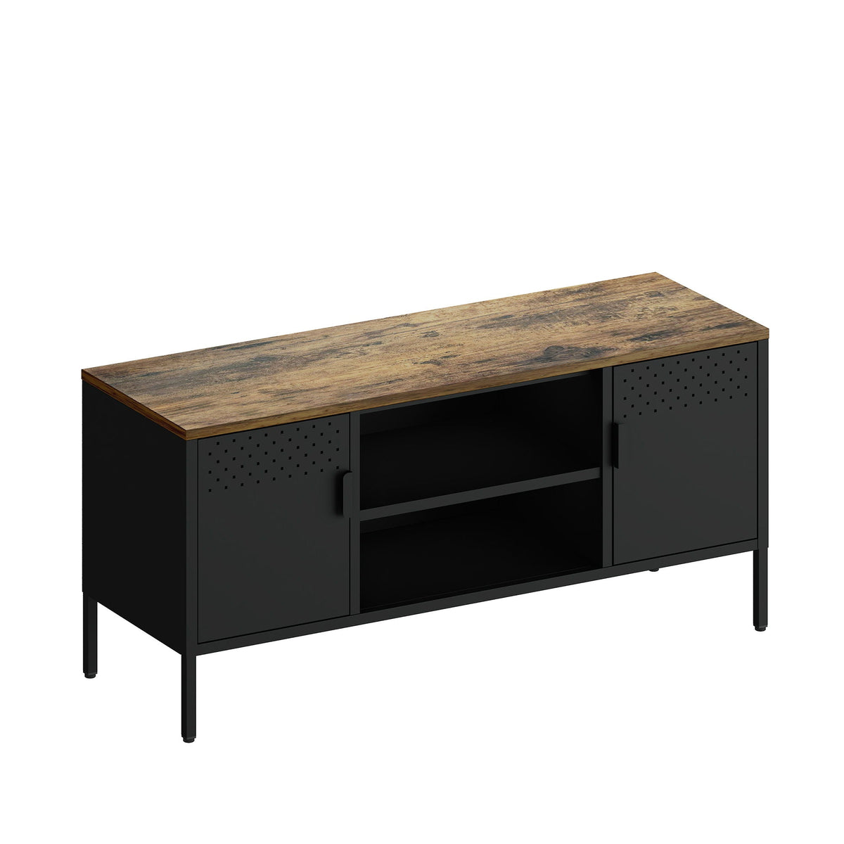 HouseOfZazla TV stand with black steel frame and wood top dual cabinets on Tampa Home & Garden Store