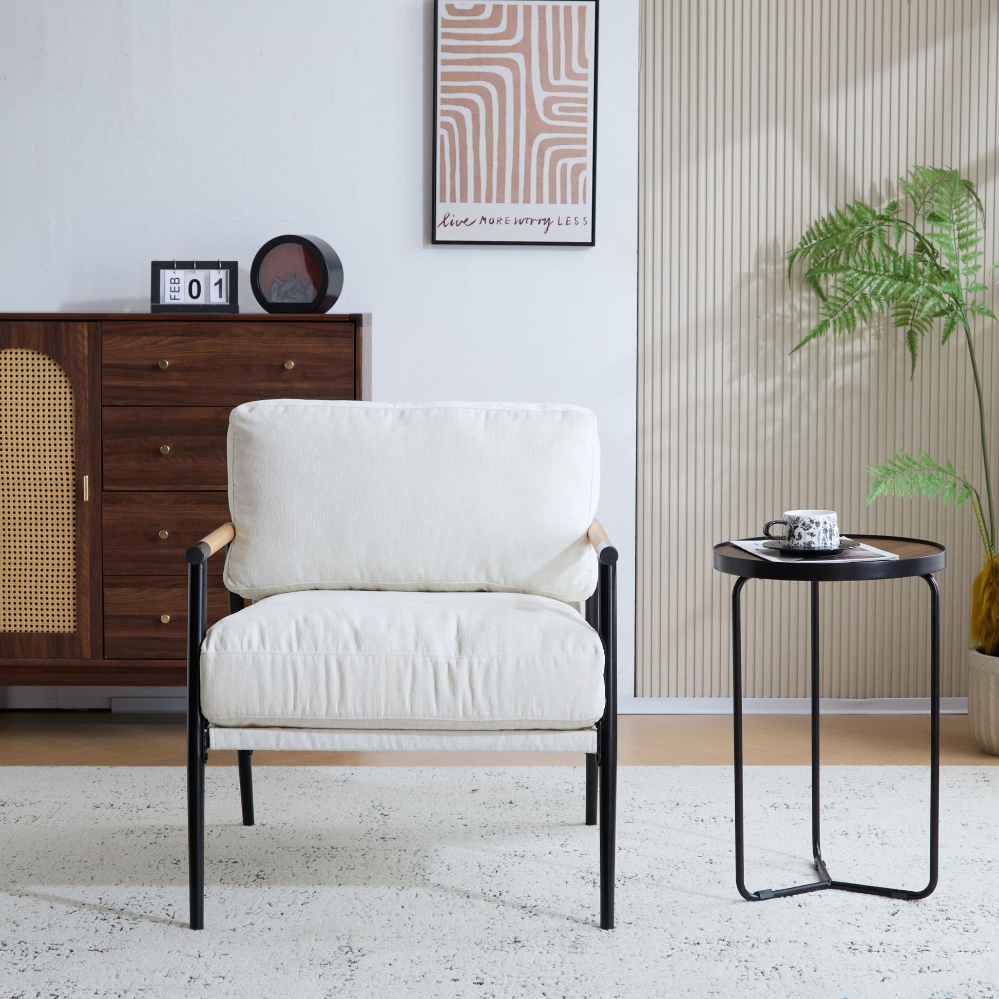 Modern Accent Chair with plush cushions, cream fabric, wooden armrests, black metal frame on Tampa Home & Garden Store