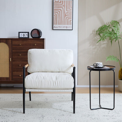Modern Accent Chair with plush cushions, cream fabric, wooden armrests, black metal frame on Tampa Home & Garden Store