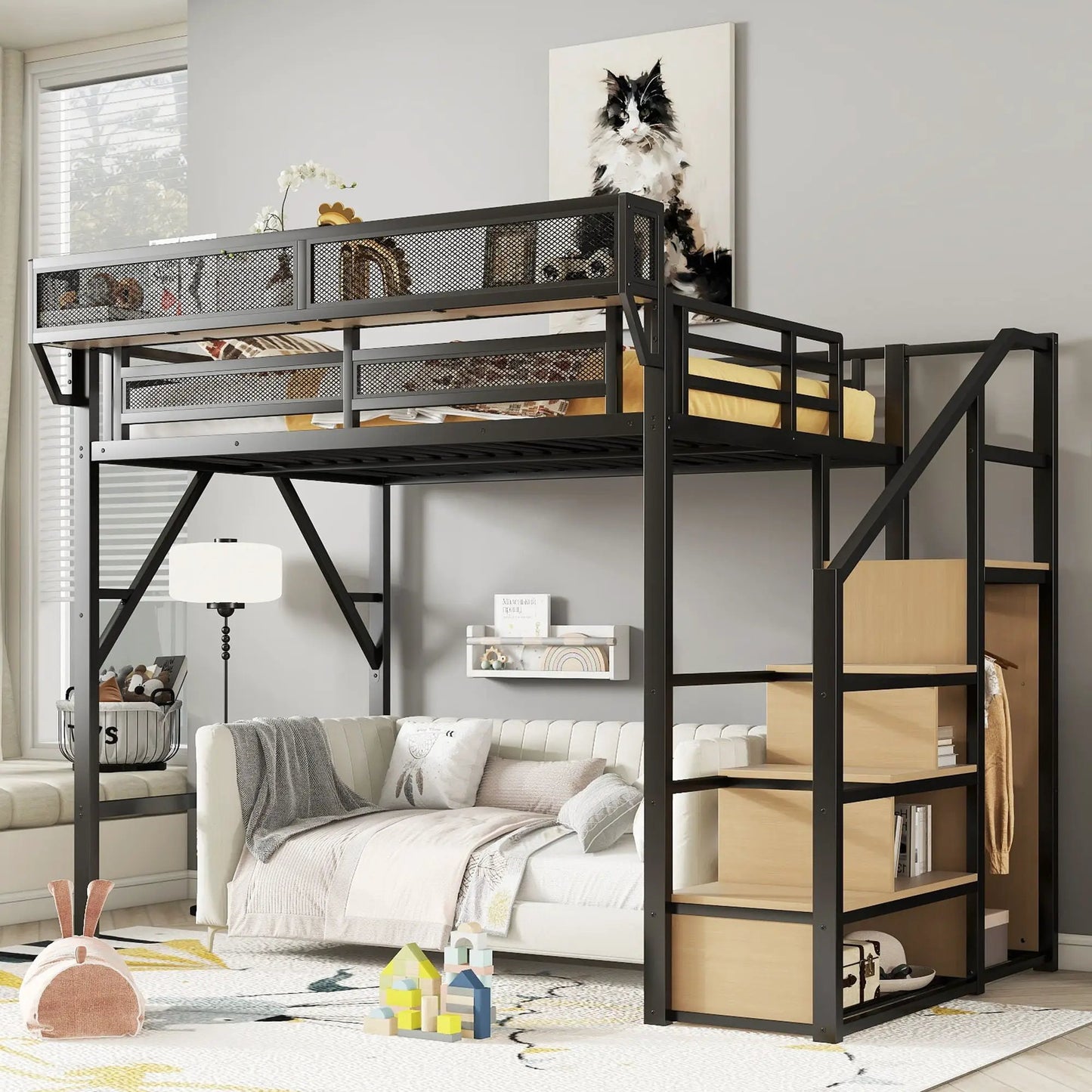 Loft bed with stairs and wardrobe in black metal frame with mesh panels by Unique Piece Furniture on Tampa Home & Garden Store