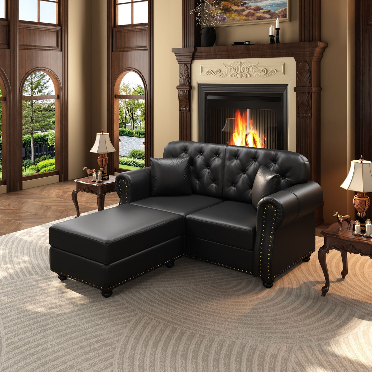 Upholstered Sofa with Nailhead and Ottoman