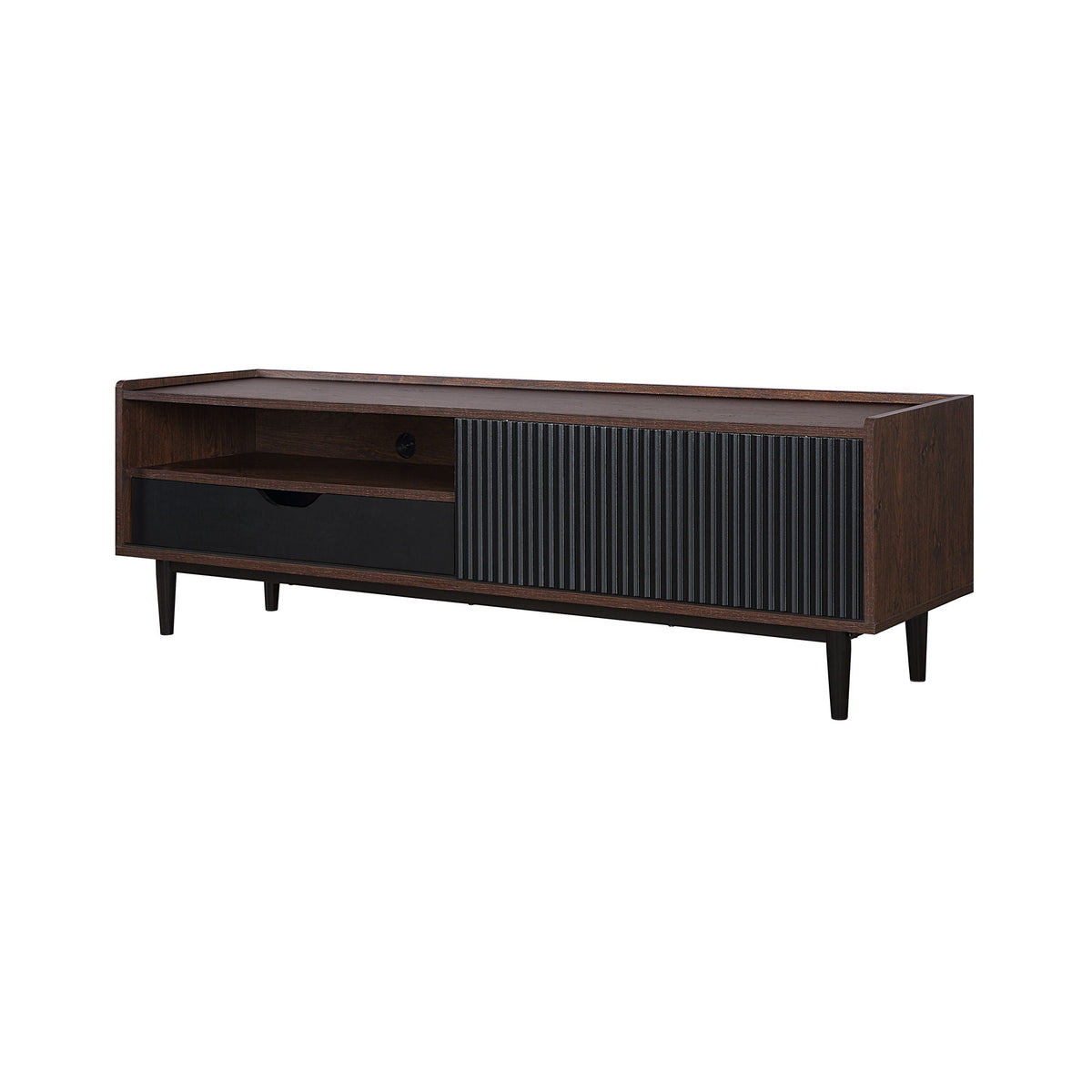 Fluted TV stand with sliding door in dark wood and black ribbed panel, mid-century legs on Tampa Home & Garden Store