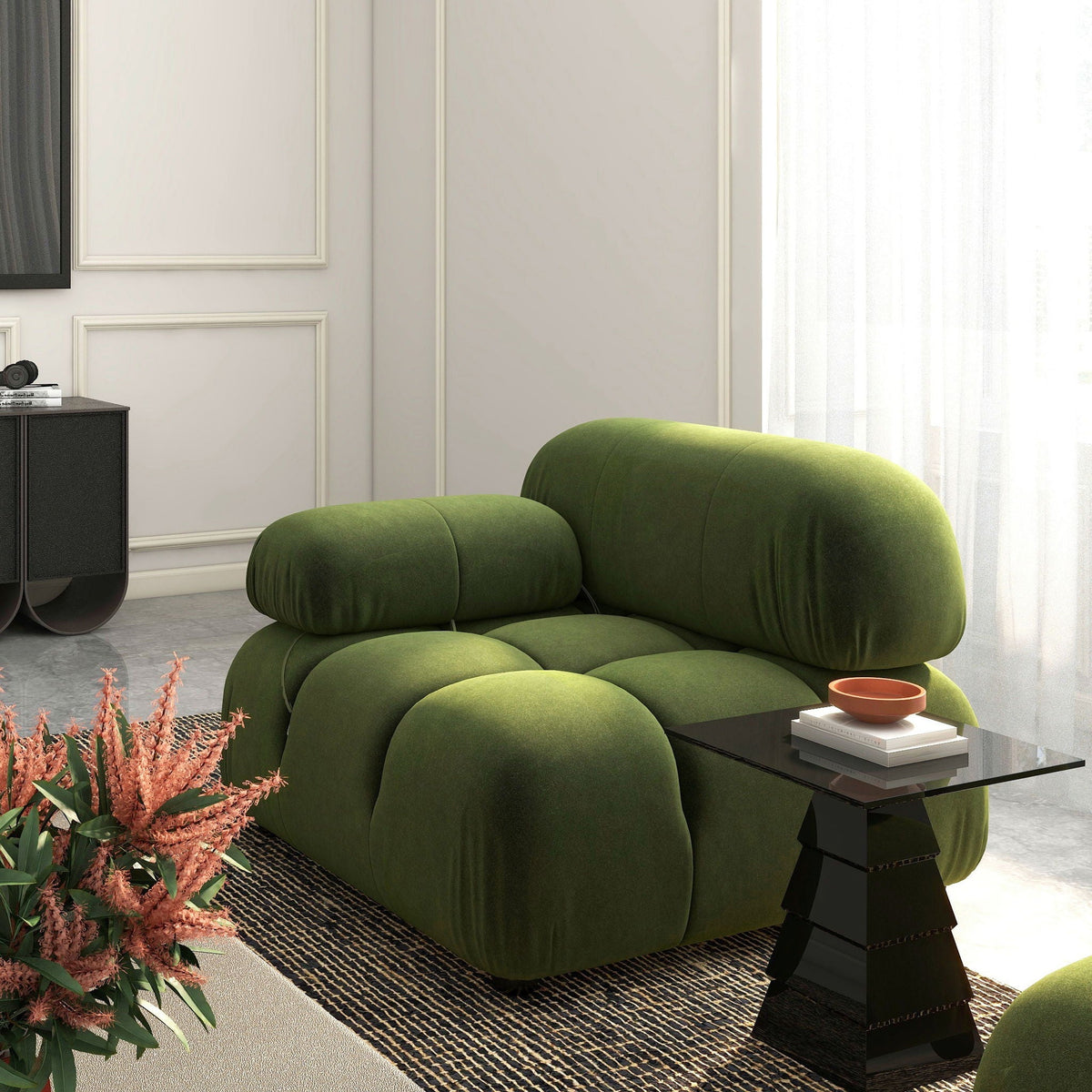 Bubble modular modern lounge arm chair in green velvet with rounded cushions on dark base on Tampa Home & Garden Store