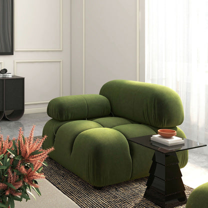 Bubble modular modern lounge arm chair in green velvet with rounded cushions on dark base on Tampa Home & Garden Store