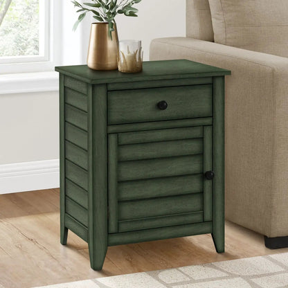 Accent nightstand with top drawer and louvered cabinet green wood finish beside beige sofa on Tampa Home & Garden Store