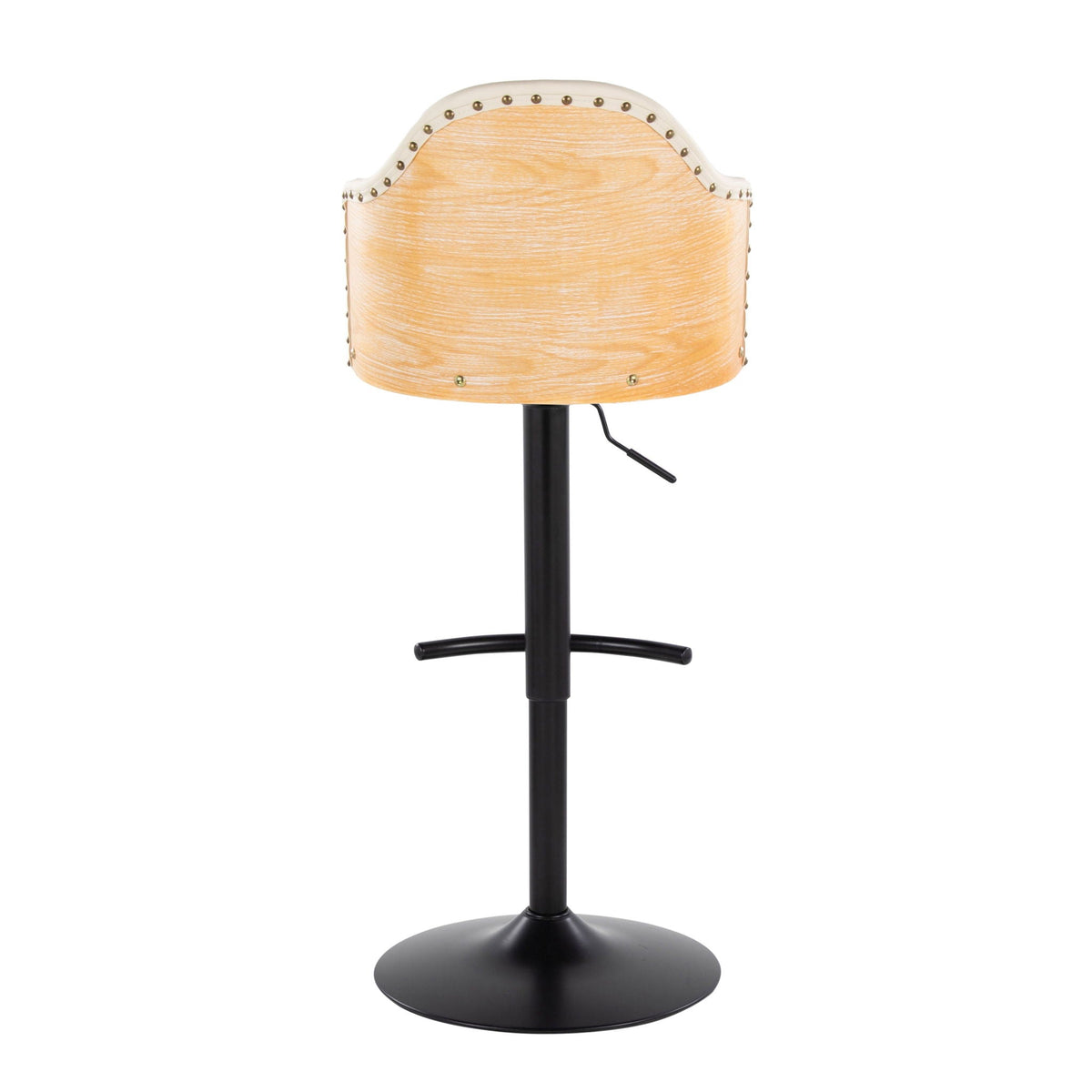 Contemporary adjustable barstool with curved light wood back and stud trim on Tampa Home & Garden Store
