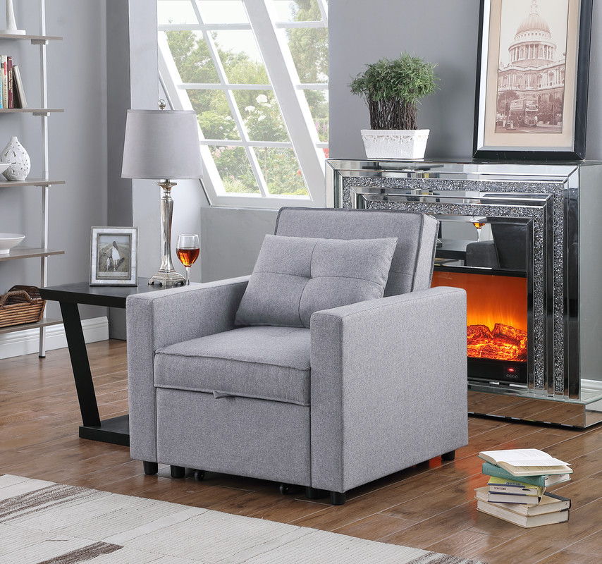 Zoey Convertible Sleeper Chair gray fabric by HouseOfZazla with side pocket on Tampa Home & Garden Store