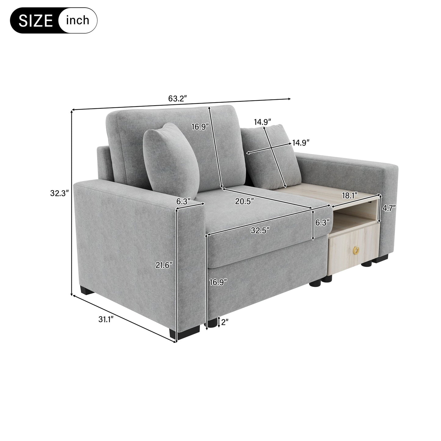 Modular sofa couch with storage armrest and center console in gray fabric by HouseOfZazla on Tampa Home & Garden Store
