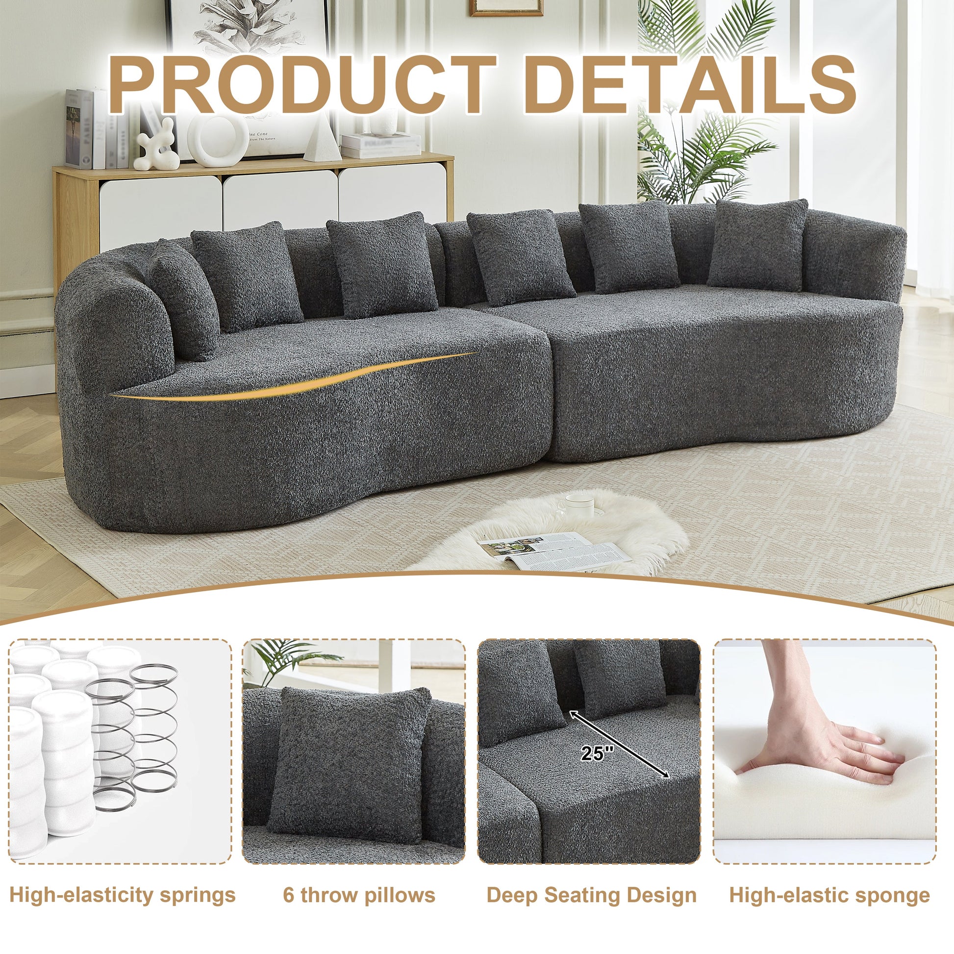Curved sectional sofa in dark gray boucle with multiple cushions in a bright living room on Tampa Home & Garden Store