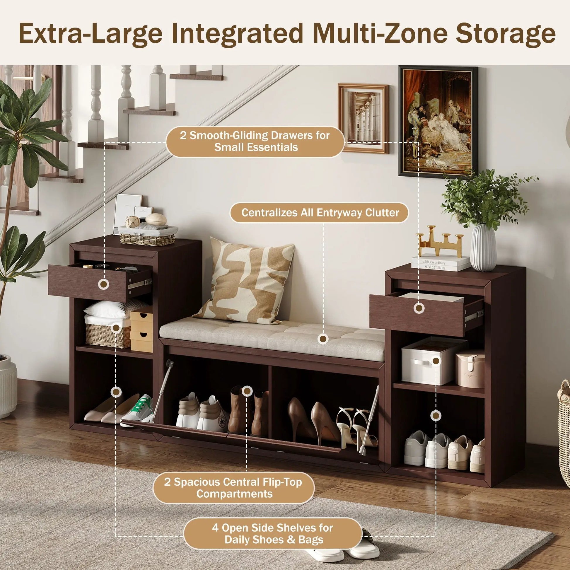 Entryway storage bench with cushion, dual drawers and open shelves in dark wood by Unique Piece Furniture on Tampa Home & Garden Store