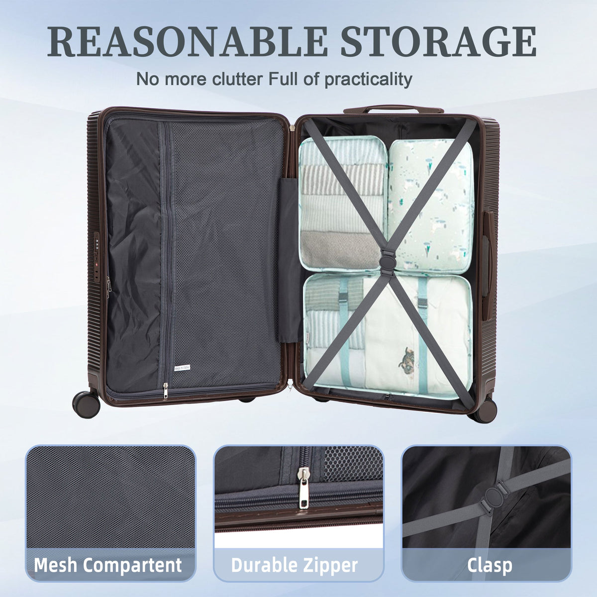 3 Piece brown ABS Spinner Luggage Set, hard case luggage with mesh pocket and cross straps on Tampa Home & Garden Store