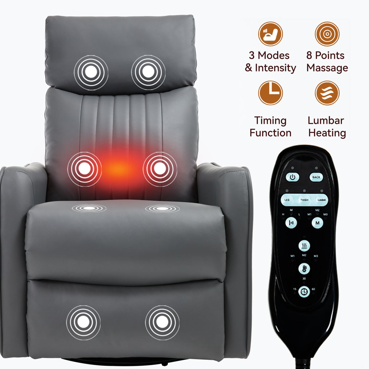Grey faux leather massage recliner by HouseOfZazla with heat, rocker and swivel on Tampa Home & Garden Store