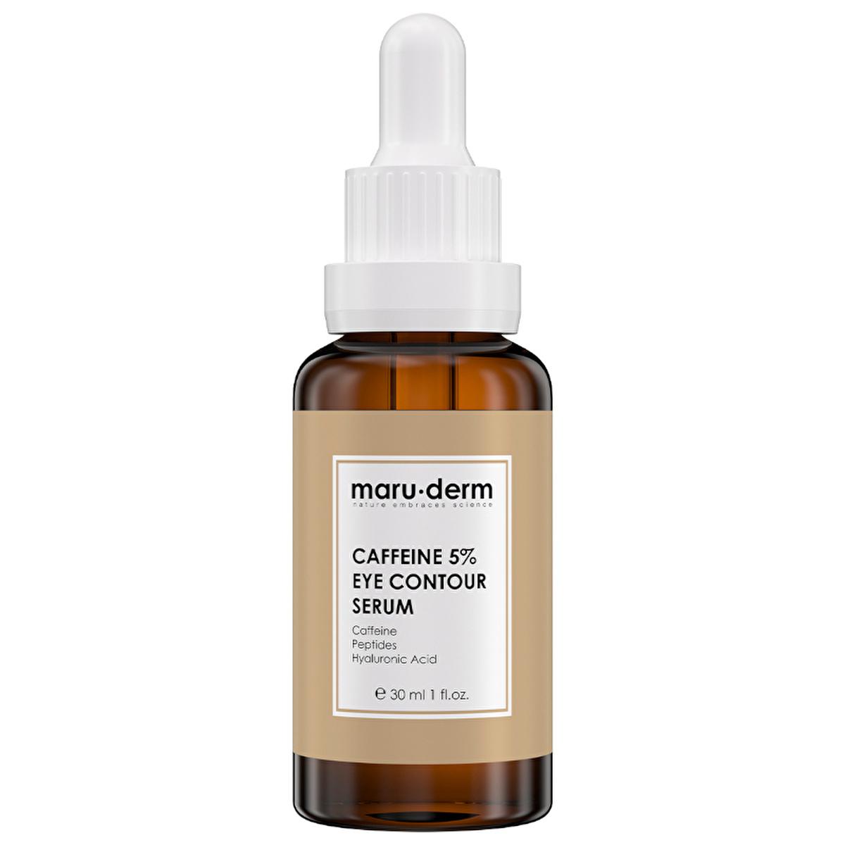 Maru-derm Eye Contour Serum in amber bottle with white dropper, beige label, caffeine 5% on Tampa Home & Garden Store