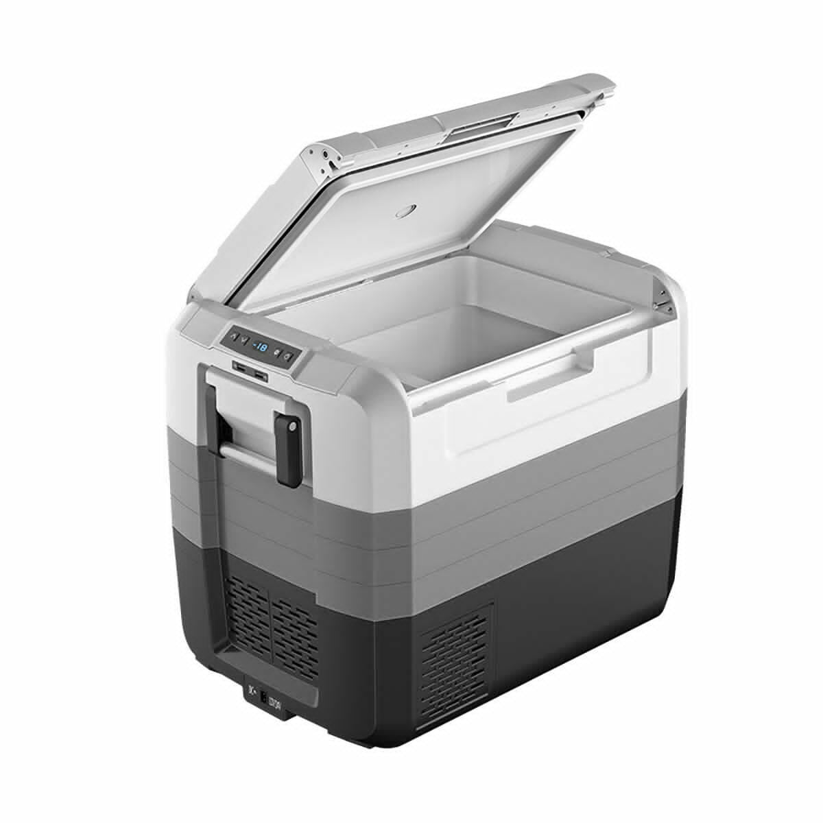 58 Quart Portable Electric Camping Car Cooler GemGear lid open, white top, gray body on Tampa Home & Garden Store