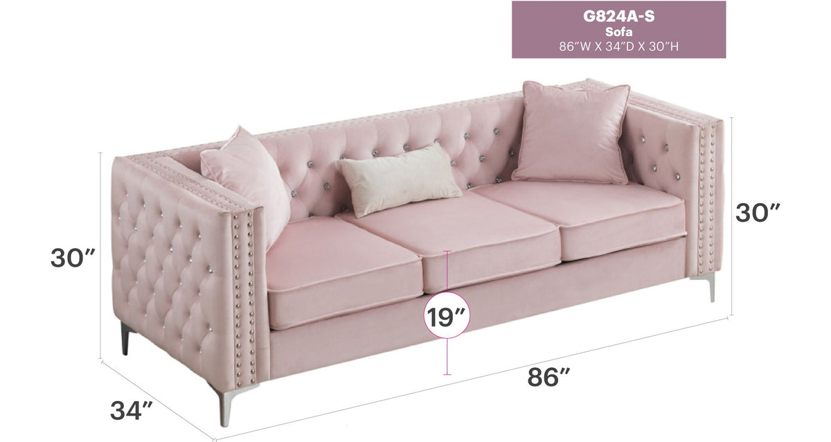 Paige sofa by HouseOfZazla pink tufted stationary sofa with nailhead trim 86W x 34D x 30H on Tampa Home & Garden Store