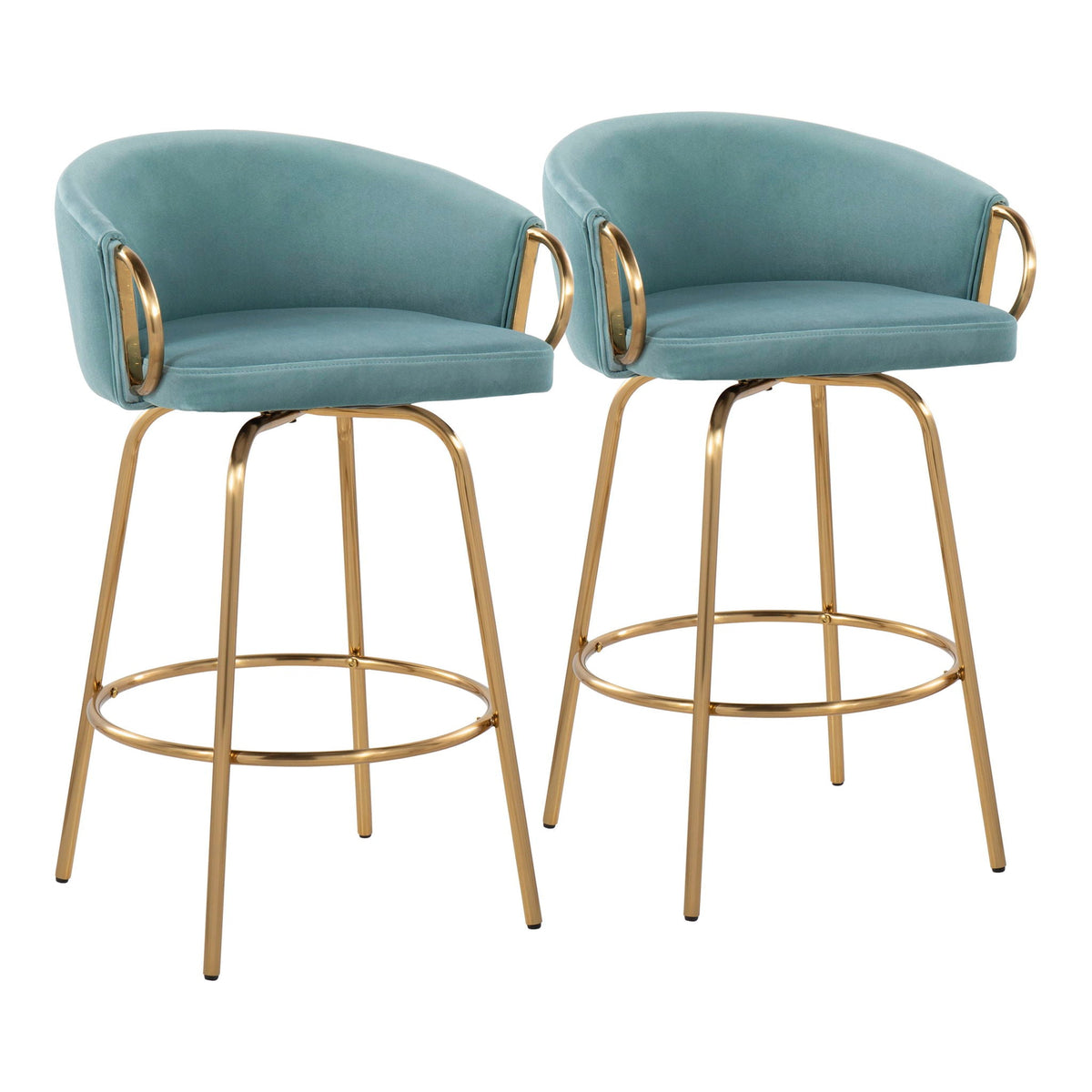 Claire Contemporary Swivel Counter Stool Set of 2 teal velvet with gold frames HouseOfZazla on Tampa Home & Garden Store