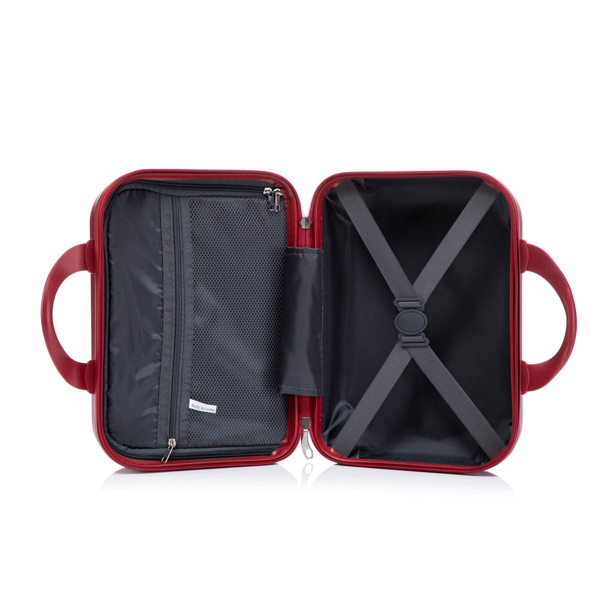 Red ABS spinner luggage set opened to show front opening; left mesh pocket, right cross straps on Tampa Home & Garden Store